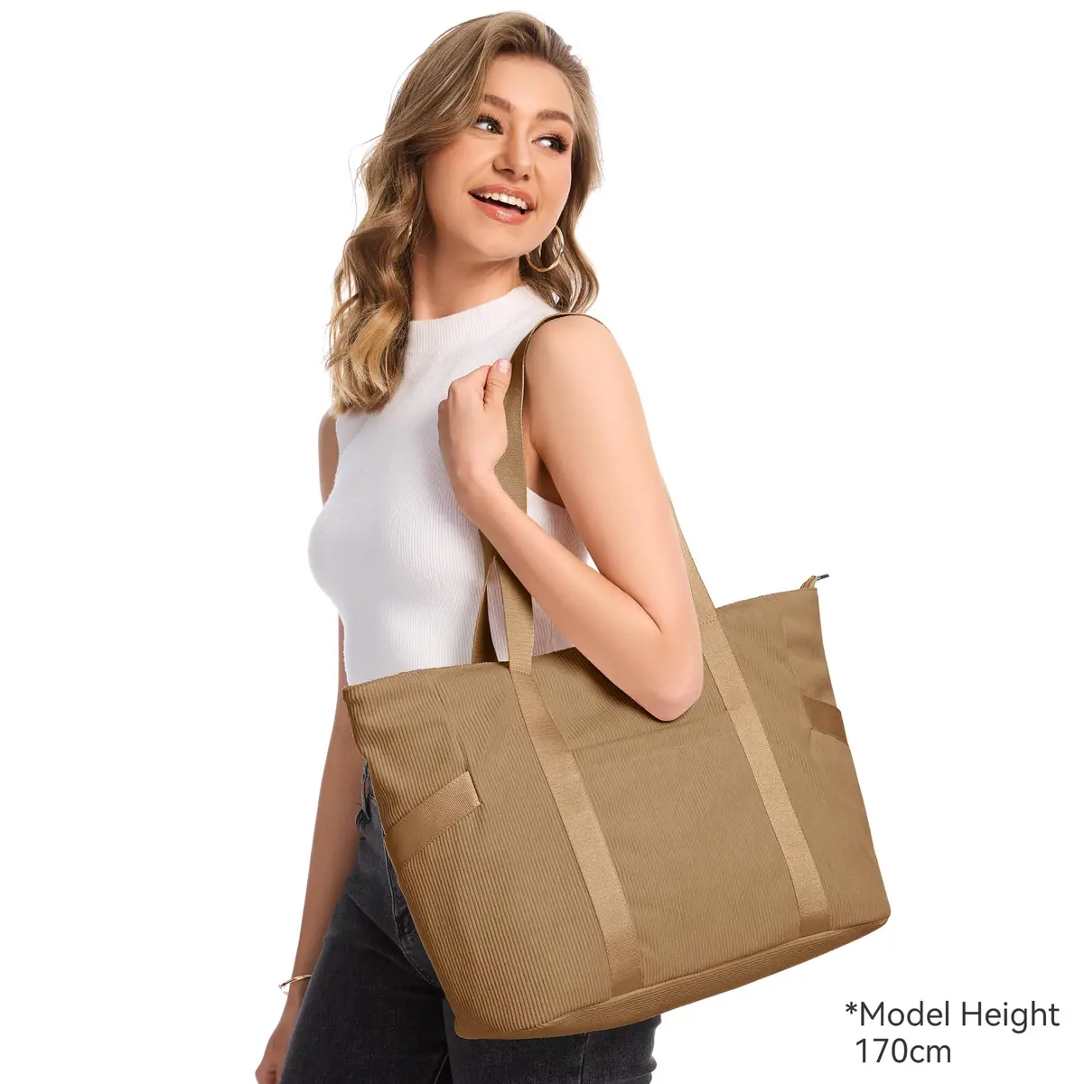 DIXEIGHT Tote Bag for Women, Large Capacity, Water-Resistant Corduroy, Zipper Closure, Fits 15.6" Laptop, Casual Style - view 2