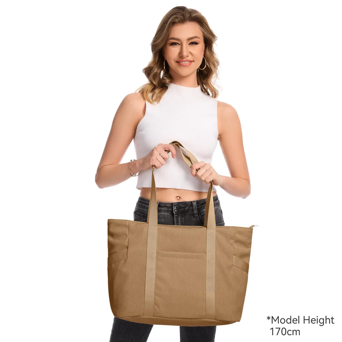 DIXEIGHT Tote Bag for Women, Large Capacity, Water-Resistant Corduroy, Zipper Closure, Fits 15.6" Laptop, Casual Style - view 3