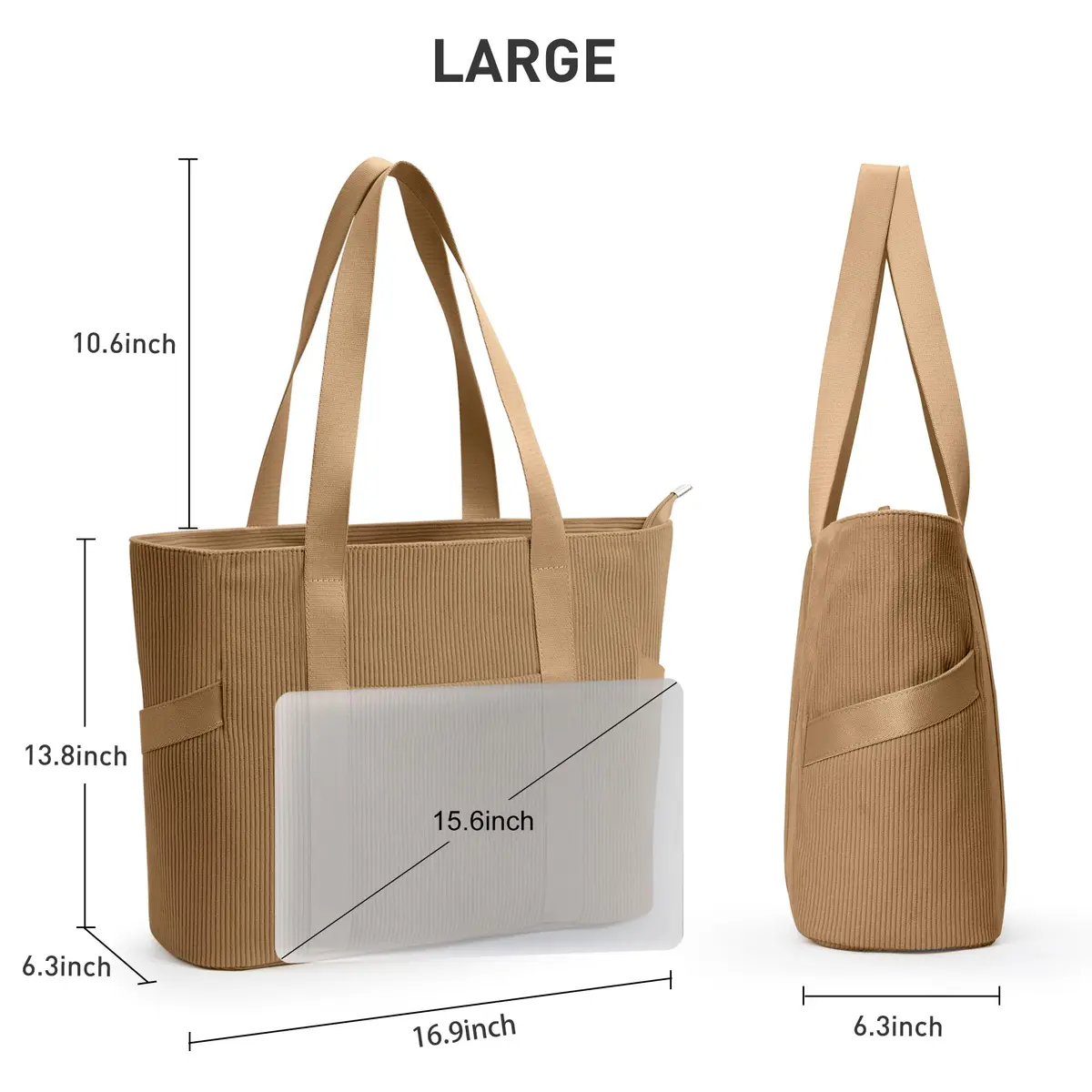 DIXEIGHT Tote Bag for Women, Large Capacity, Water-Resistant Corduroy, Zipper Closure, Fits 15.6" Laptop, Casual Style - view 4