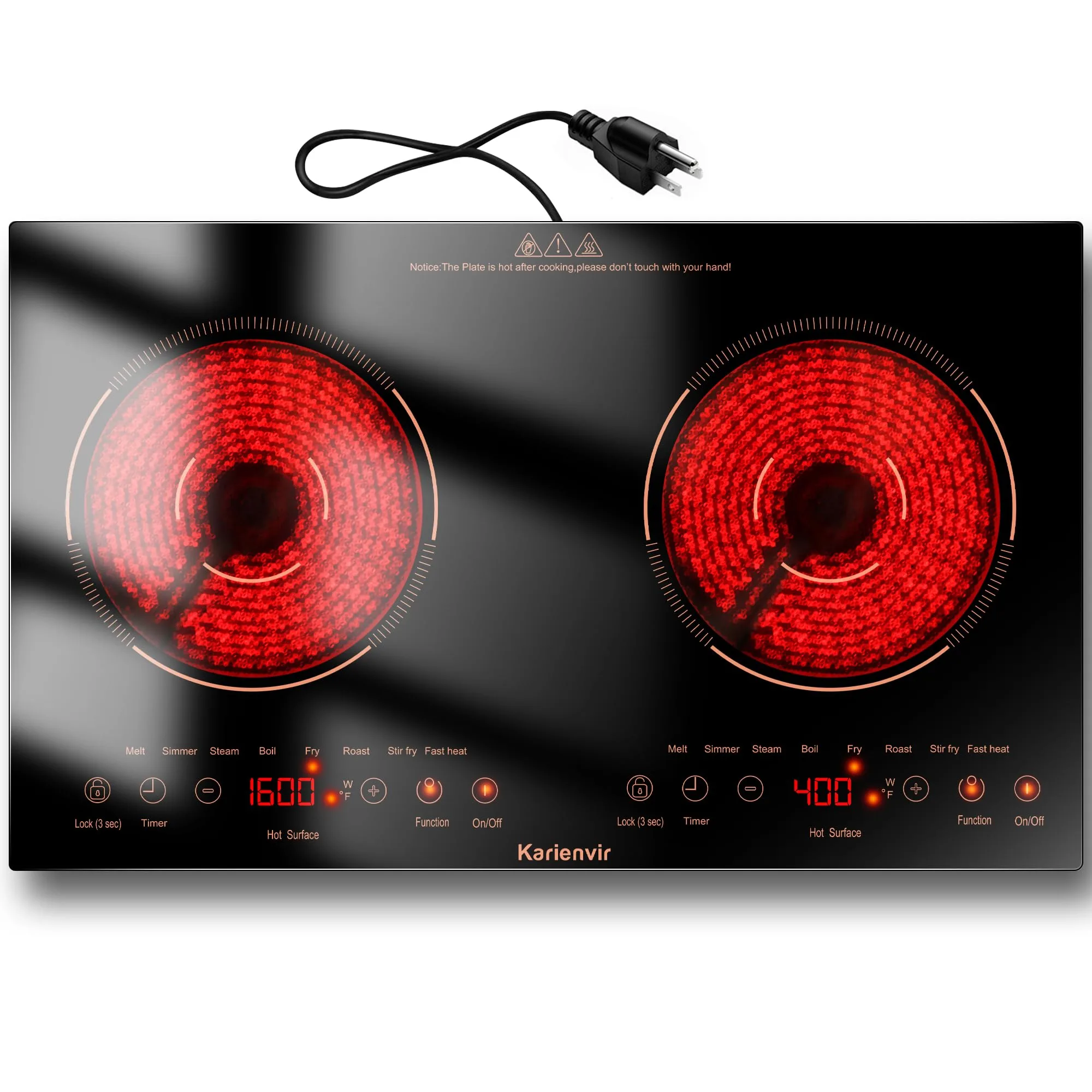 Karienvir 2 Burner Electric Cooktop 24 Inch Orange | 2000W Plug-in Countertop & Built-in - main product image