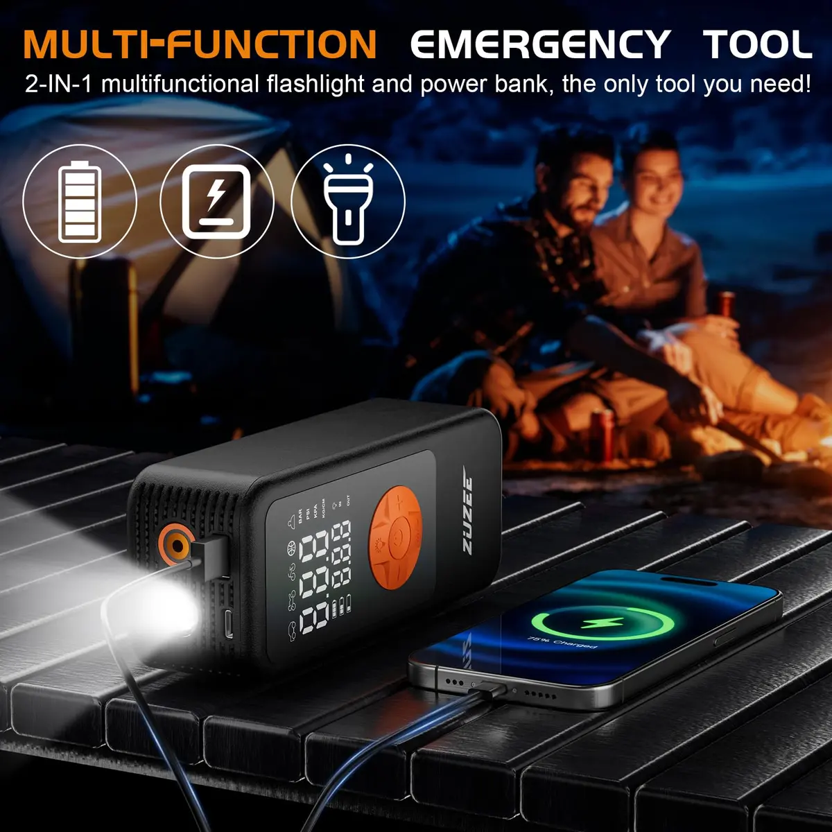 ZUZEE Portable Air Compressor Tire Inflator 150PSI | 4X Faster Inflation, High-Capacity Battery, Digital Pressure Gauge, LED Light - view 5