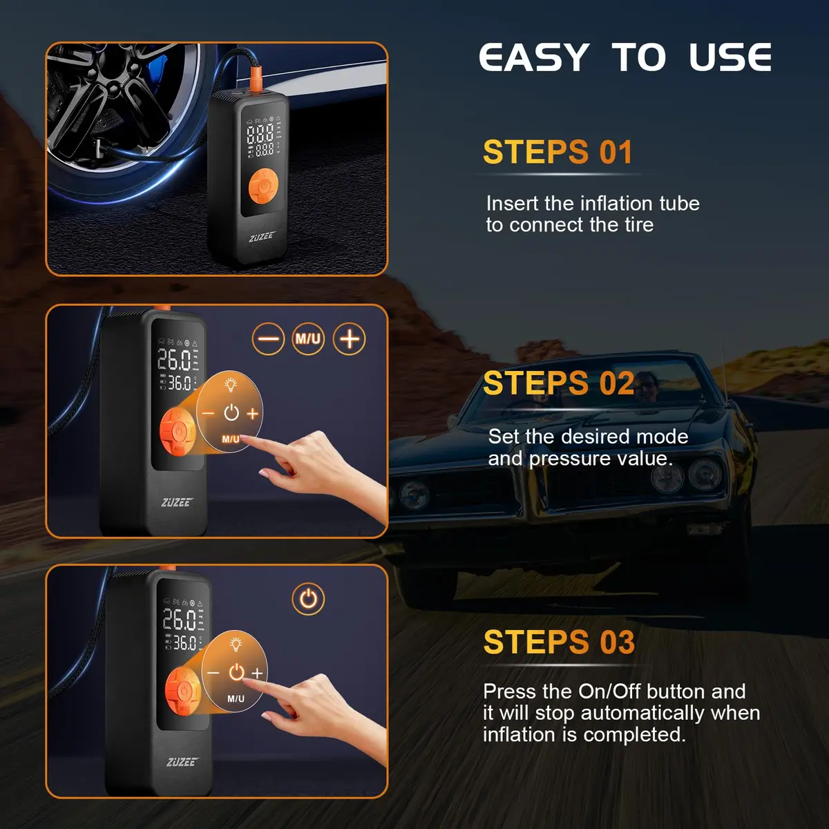 ZUZEE Portable Air Compressor Tire Inflator 150PSI | 4X Faster Inflation, High-Capacity Battery, Digital Pressure Gauge, LED Light - view 8