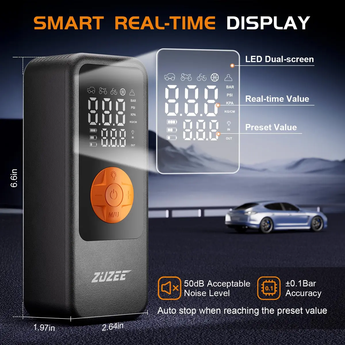 ZUZEE Portable Air Compressor Tire Inflator 150PSI | 4X Faster Inflation, High-Capacity Battery, Digital Pressure Gauge, LED Light - view 2
