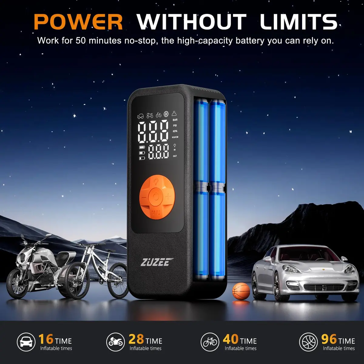 ZUZEE Portable Air Compressor Tire Inflator 150PSI | 4X Faster Inflation, High-Capacity Battery, Digital Pressure Gauge, LED Light - view 4