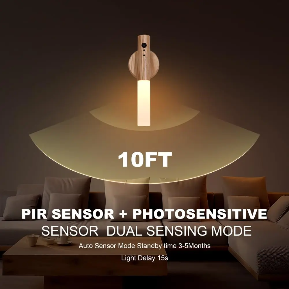 LANDGOO Wooden Motion Sensor Night Light | Handmade Wooden Night Light with Motion Detection and Warm LED Light - view 5
