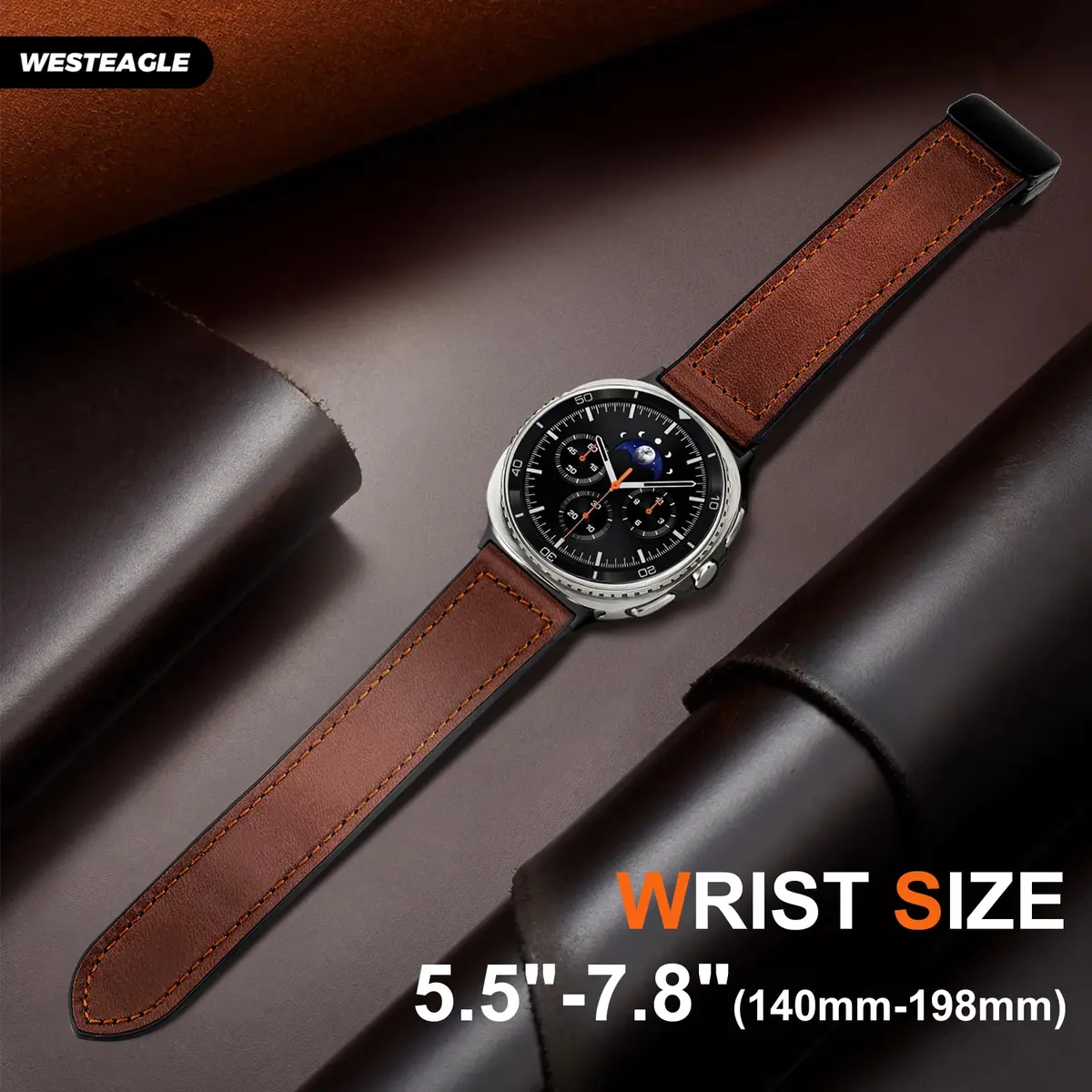WestEagle Magnetic Leather Band for Galaxy Watch 9/8 | Adjustable Magnetic Buckle Leather Strap, Dark Brown (147-198mm) - view 6