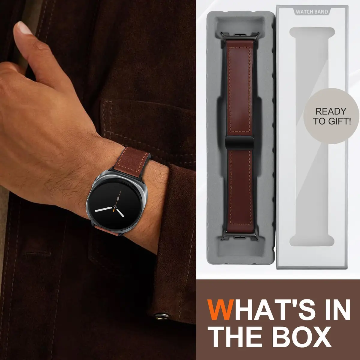 WestEagle Magnetic Leather Band for Galaxy Watch 9/8 | Adjustable Magnetic Buckle Leather Strap, Dark Brown (147-198mm) - view 9