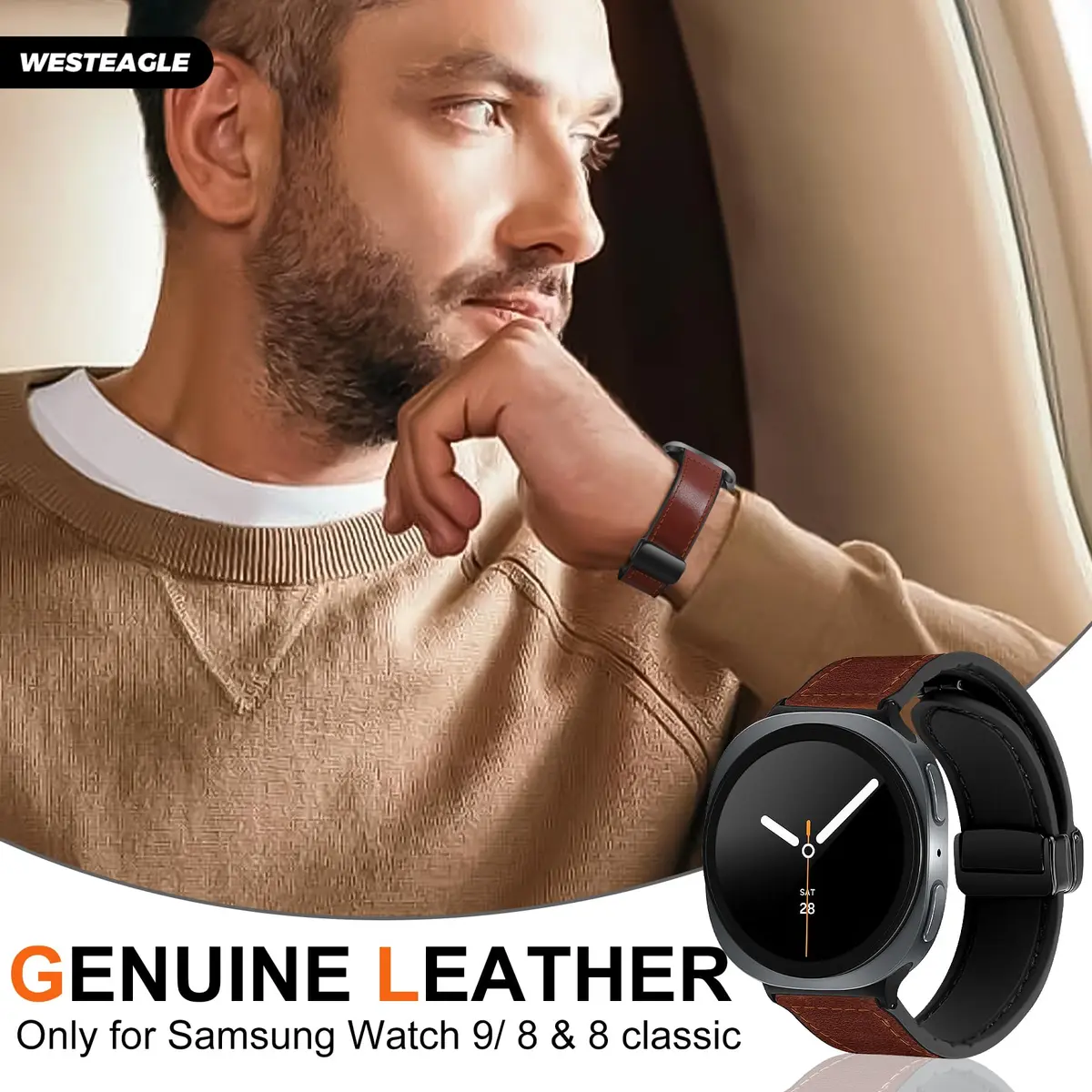 WestEagle Magnetic Leather Band for Galaxy Watch 9/8 | Adjustable Magnetic Buckle Leather Strap, Dark Brown (147-198mm) - view 2
