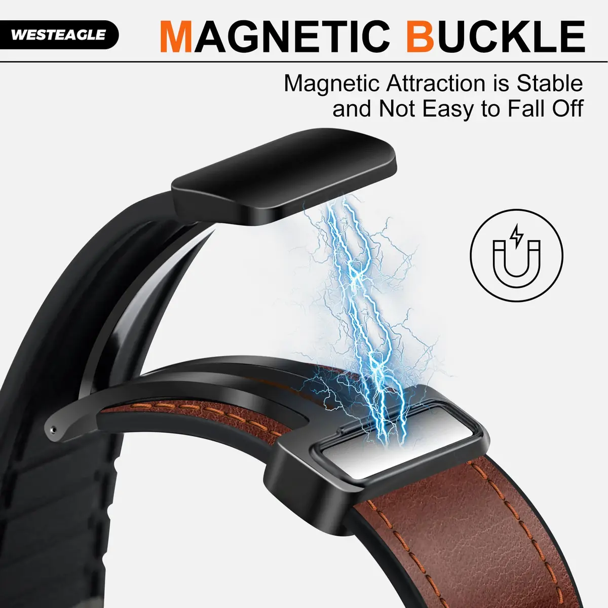 WestEagle Magnetic Leather Band for Galaxy Watch 9/8 | Adjustable Magnetic Buckle Leather Strap, Dark Brown (147-198mm) - view 3