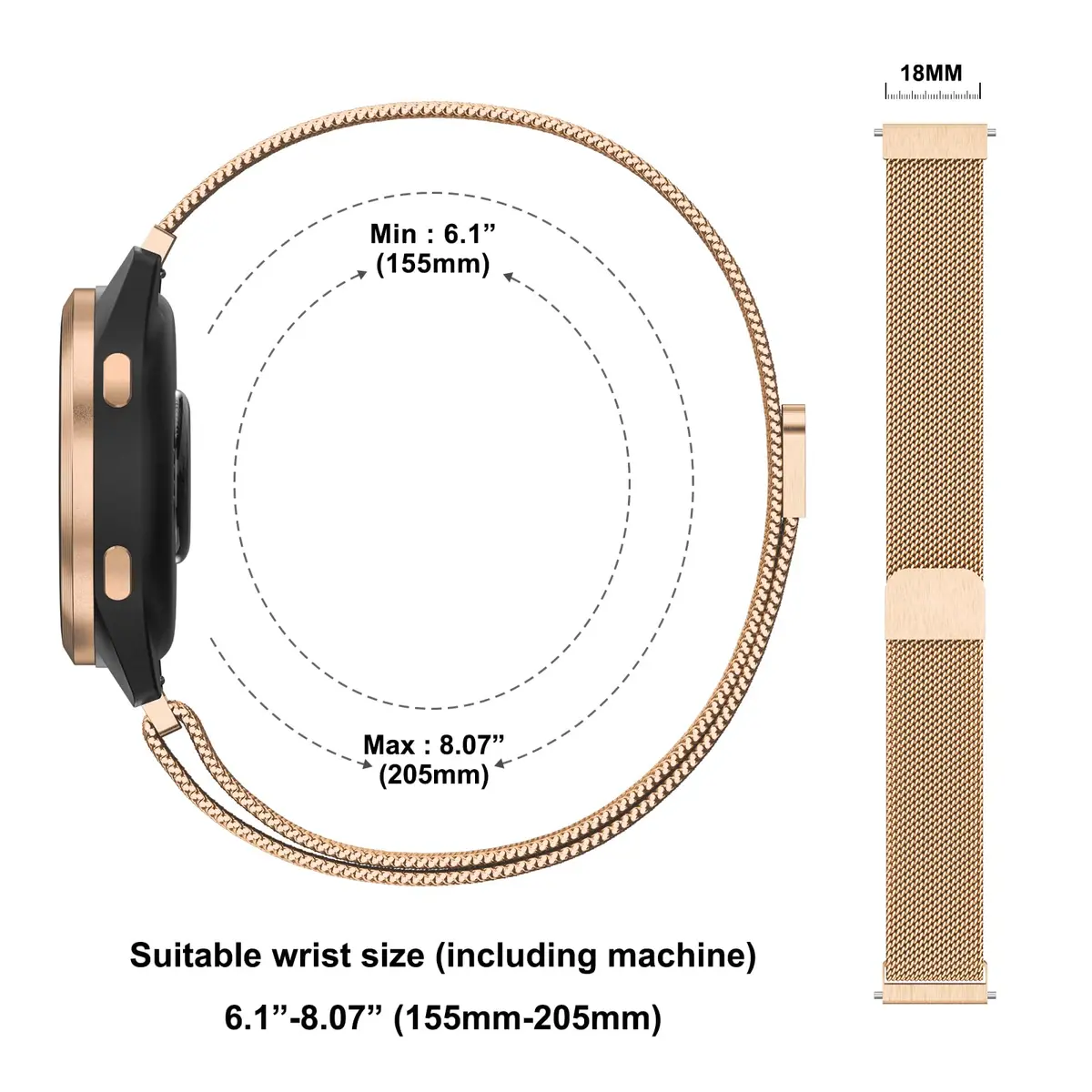 Meliya 18mm Metal Watch Band for Garmin Venu 3S/2S/Vivoactive 4S/Vivomove 3S/Forerunner 265s/255s, Rose Gold Stainless Steel Mesh Strap (18mm) - view 5