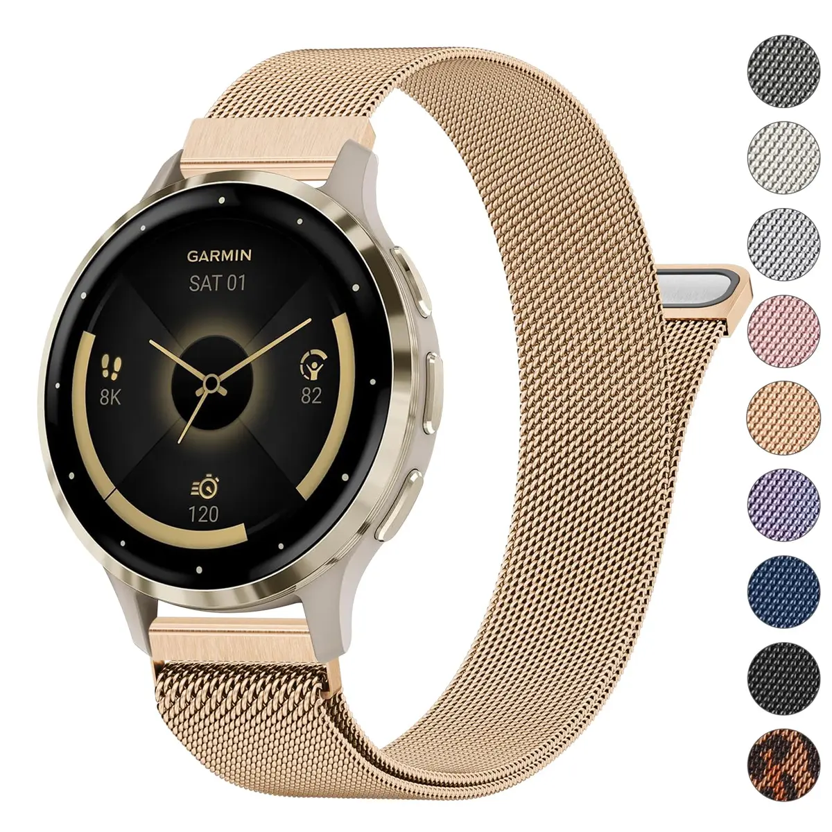 Meliya 18mm Metal Watch Band for Garmin Venu 3S/2S/Vivoactive 4S/Vivomove 3S/Forerunner 265s/255s, Rose Gold Stainless Steel Mesh Strap (18mm) - main product image
