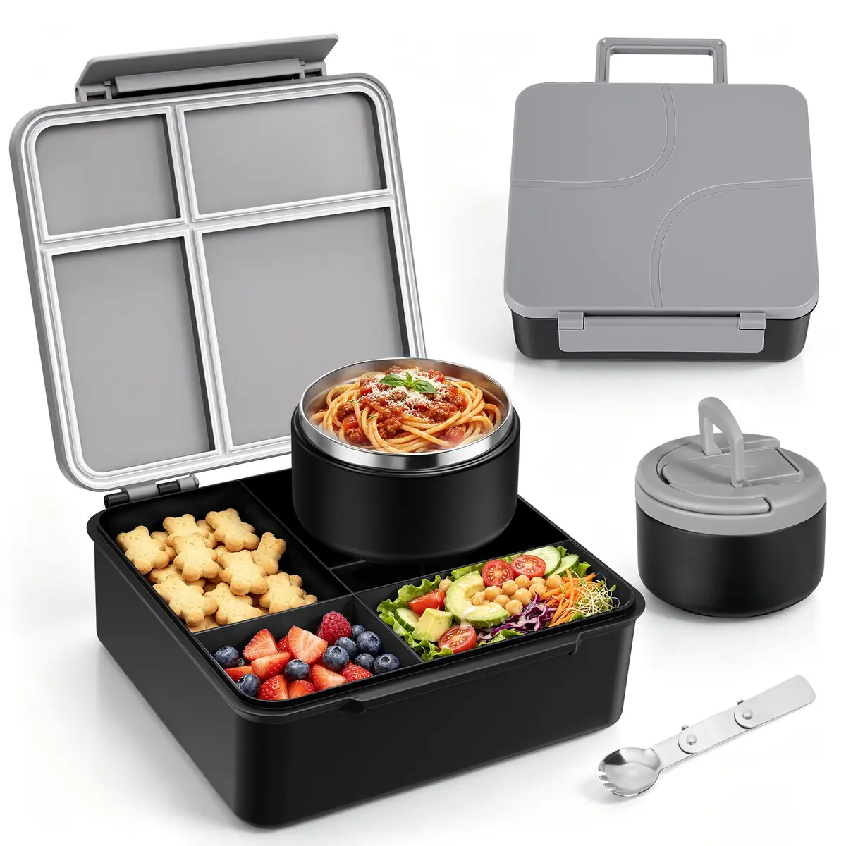 MAXSO Bento Lunch Box Set with 8 oz Soup Thermo, 4 Compartments, Black | Leakproof Hot Food Container for Kids - main product image