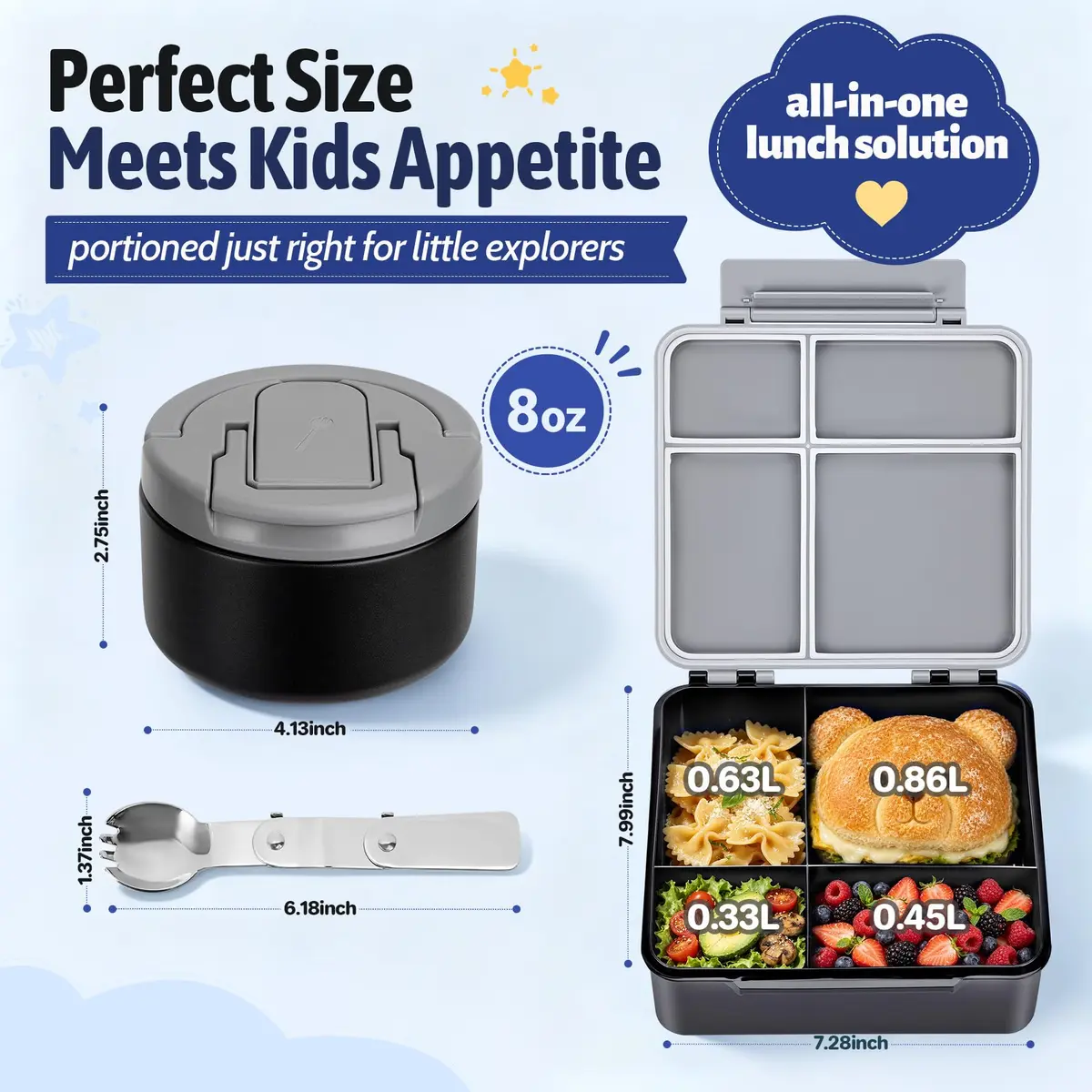 MAXSO Bento Lunch Box Set with 8 oz Soup Thermo, 4 Compartments, Black | Leakproof Hot Food Container for Kids - view 5