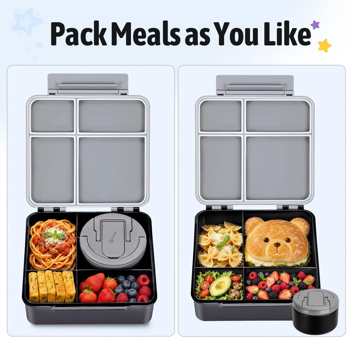 MAXSO Bento Lunch Box Set with 8 oz Soup Thermo, 4 Compartments, Black | Leakproof Hot Food Container for Kids - view 6