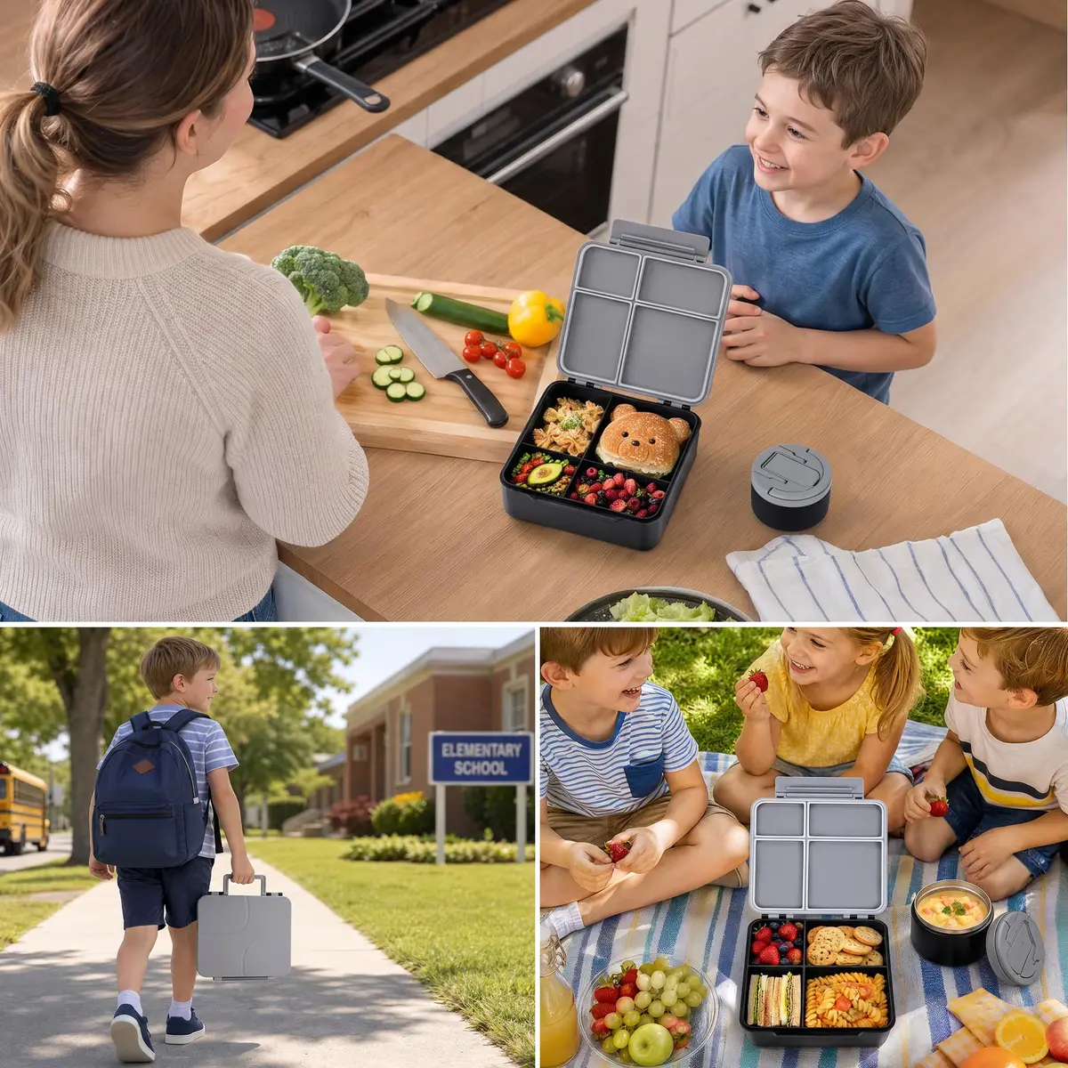 MAXSO Bento Lunch Box Set with 8 oz Soup Thermo, 4 Compartments, Black | Leakproof Hot Food Container for Kids - view 7