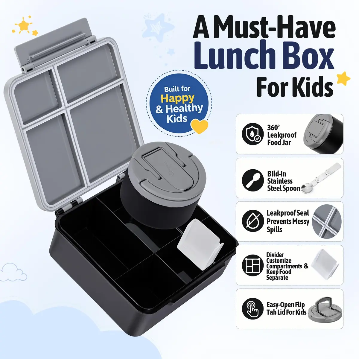 MAXSO Bento Lunch Box Set with 8 oz Soup Thermo, 4 Compartments, Black | Leakproof Hot Food Container for Kids - view 2