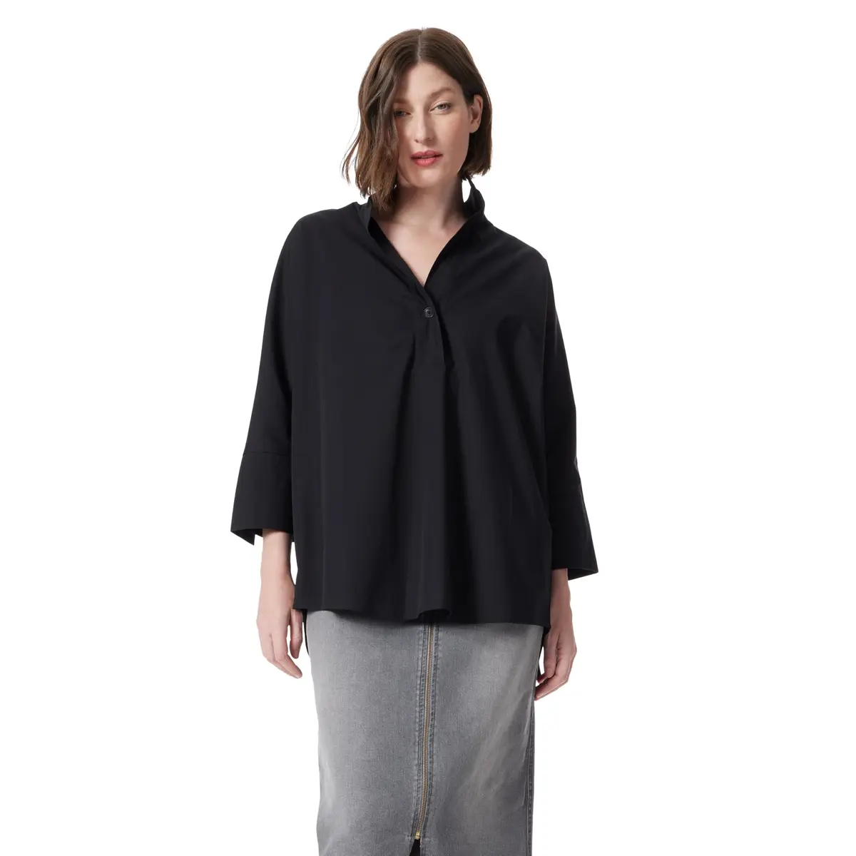 DEE OCLEPPO Hailey Stand Collar Shirt Standard | Relaxed Fit Cotton & Spandex Women’s Blouse - main product image