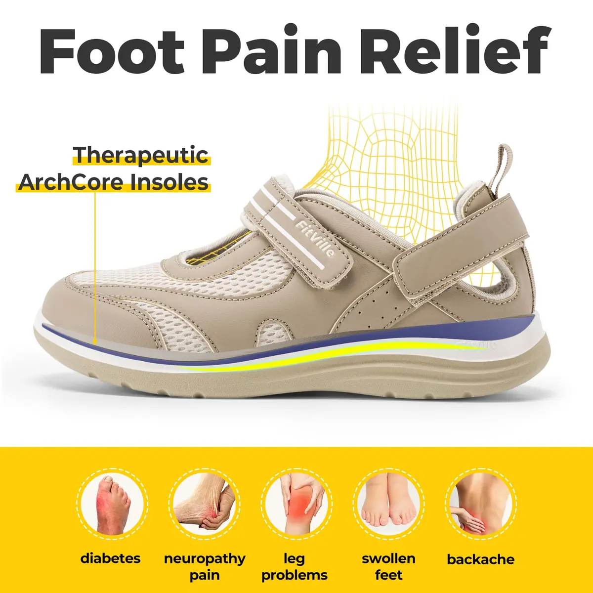 FitVille Extra Wide Diabetic Sandals for Women | Adjustable Arch Support, Orthopedic Walking Shoes for Flat Feet & Heel Pain Relief (US Women's 7 Wide) - view 4