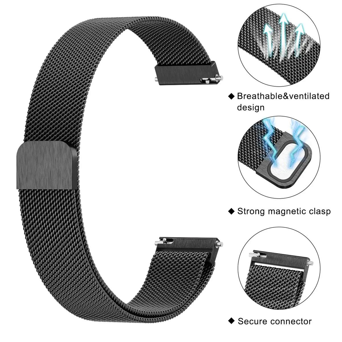 Meliya Black Stainless Steel Metal Watch Band for Garmin Venu 3S/4 41mm, 2S/Vivoactive 4S/Vivomove 3S, Forerunner 255s/265s (18mm) | Quick Release Magnetic Clasp - view 4