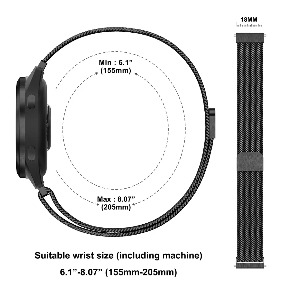 Meliya Black Stainless Steel Metal Watch Band for Garmin Venu 3S/4 41mm, 2S/Vivoactive 4S/Vivomove 3S, Forerunner 255s/265s (18mm) | Quick Release Magnetic Clasp - view 5