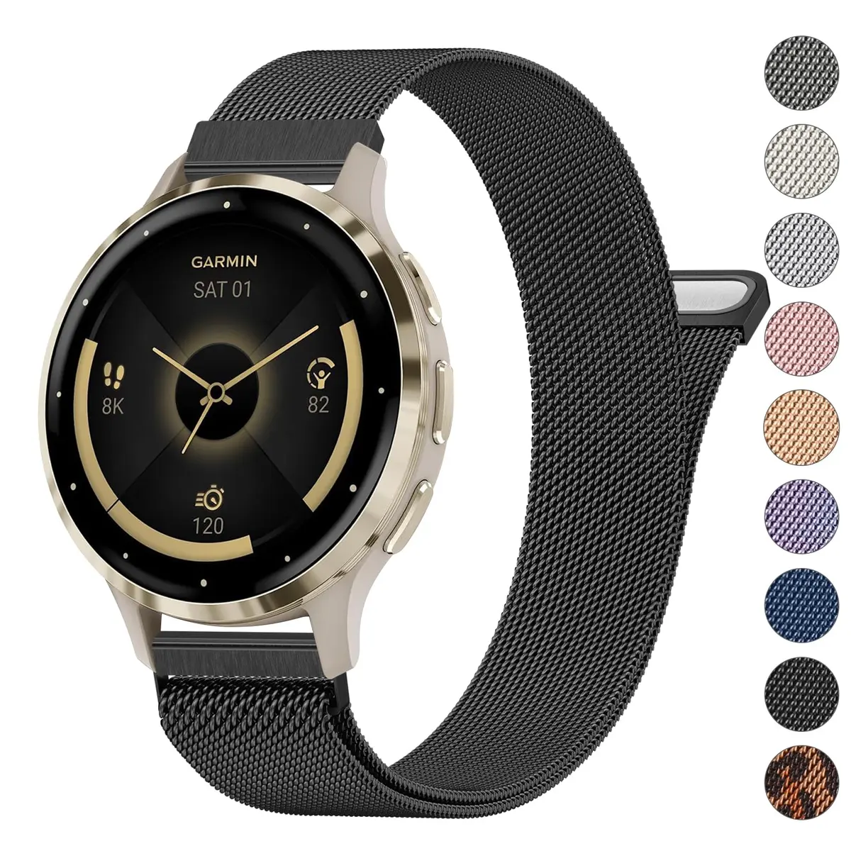Meliya Black Stainless Steel Metal Watch Band for Garmin Venu 3S/4 41mm, 2S/Vivoactive 4S/Vivomove 3S, Forerunner 255s/265s (18mm) | Quick Release Magnetic Clasp - main product image