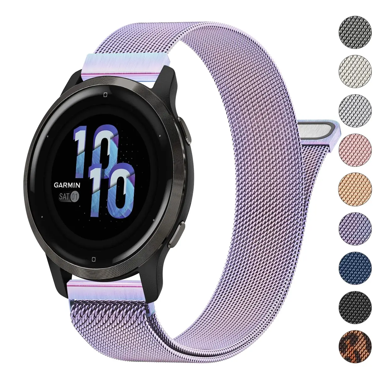 Meliya 18mm Metal Watch Bands for Garmin Venu 3S/4S/2S/Vivoactive 4S/Vivomove 3S/Forerunner 265s/255s (41mm-42mm) - Colorful Milanese Stainless Steel Strap | Quick Release Magnetic Clasp - main product image