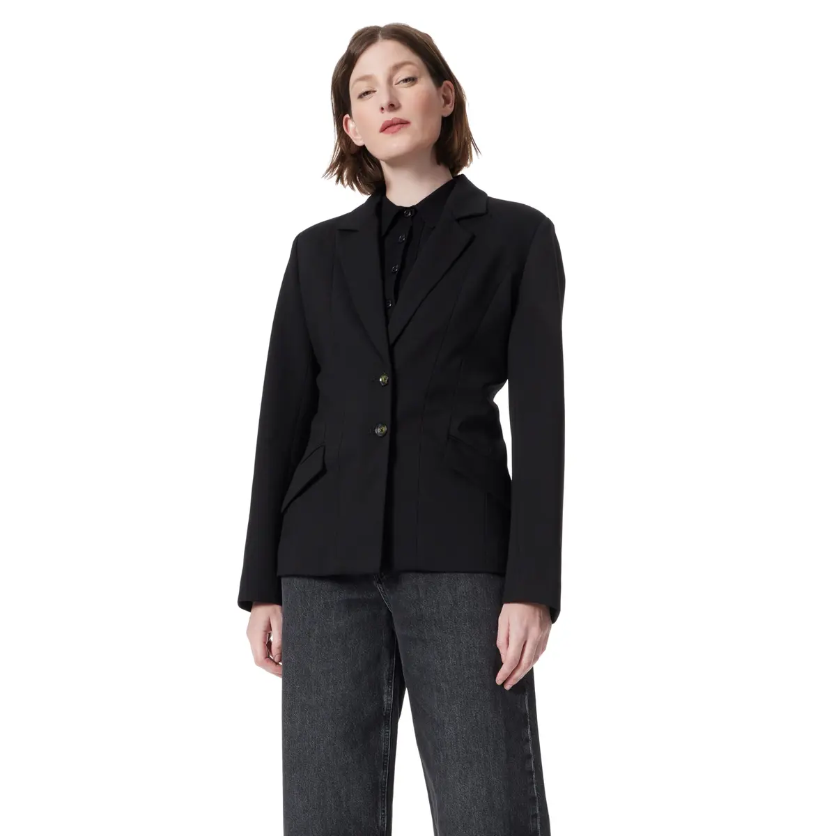DEE OCLEPPO Womens Angela Seamed Double Button Blazer 26in Black | Chic & Versatile - main product image