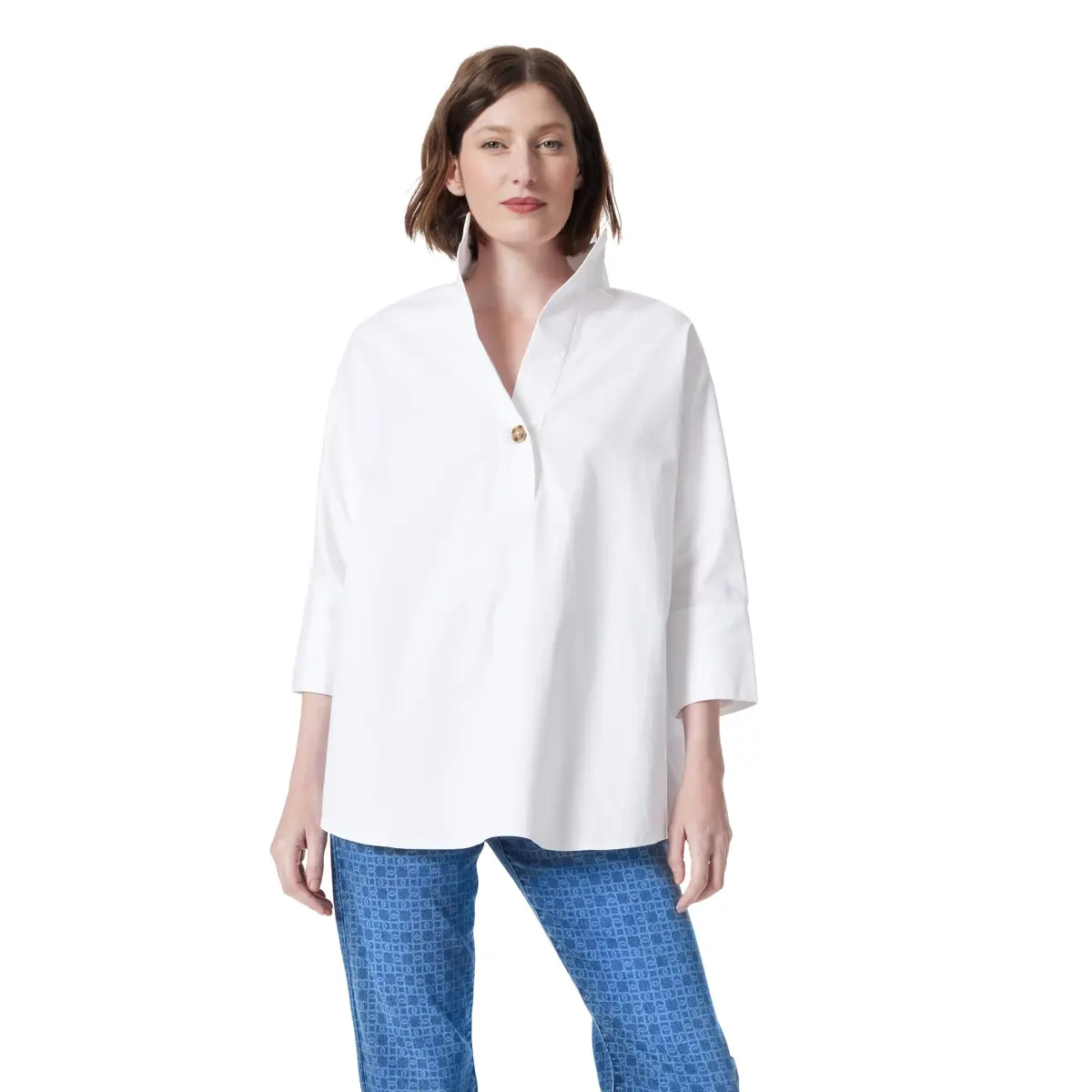 DEE OCLEPPO Hailey Stand Collar Shirt Standard | Relaxed Fit Cotton & Spandex Blouse (US Size X-L) - main product image