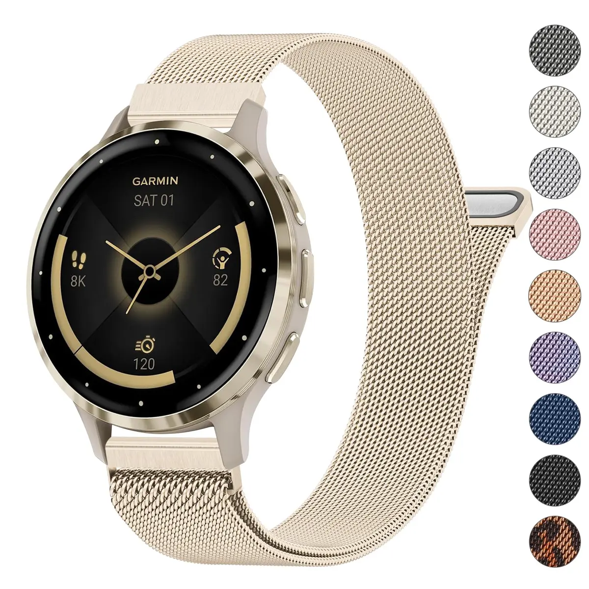 Meliya 18mm Metal Watch Band for Garmin Venu 3S/2S, Vivoactive 4S, Vivomove 3S, Forerunner 255s/265s - Champagne Gold - main product image