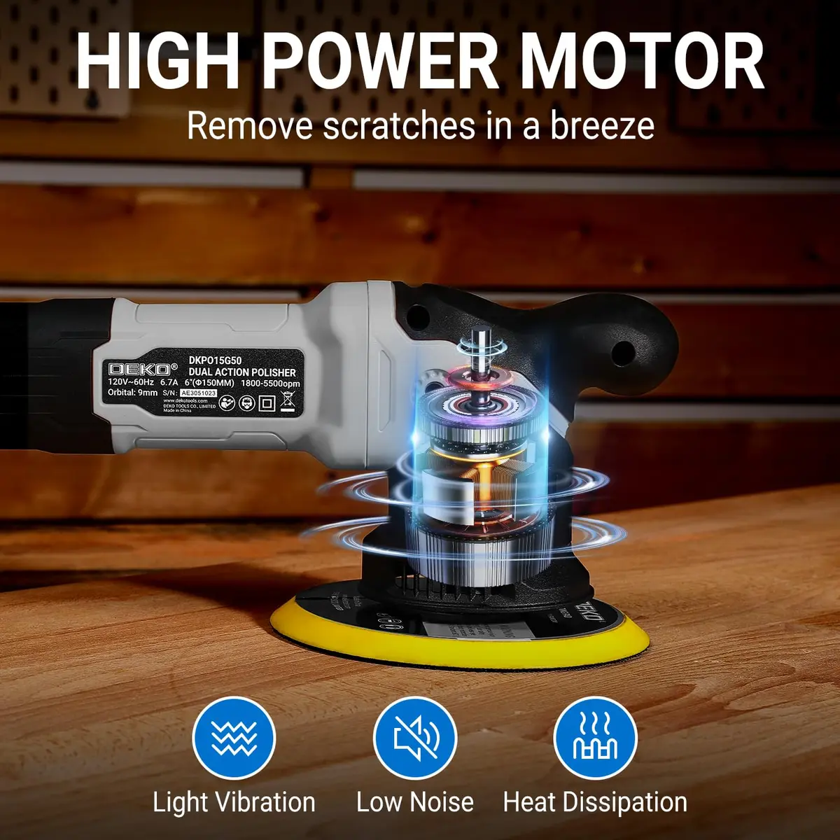 DEKOPRO Car Buffer Polisher 6 Inch Dual Action Orbital Buffer, 7 Amp, Variable Speed 1800-5500 RPM, with 4 Buffing Pads | Car Detailing Tool - view 4