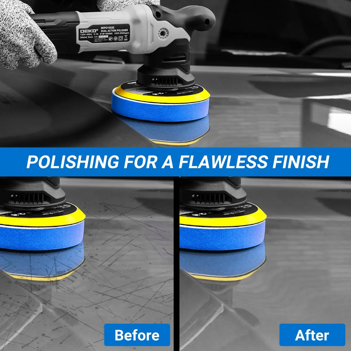 DEKOPRO Car Buffer Polisher 6 Inch Dual Action Orbital Buffer, 7 Amp, Variable Speed 1800-5500 RPM, with 4 Buffing Pads | Car Detailing Tool - view 2