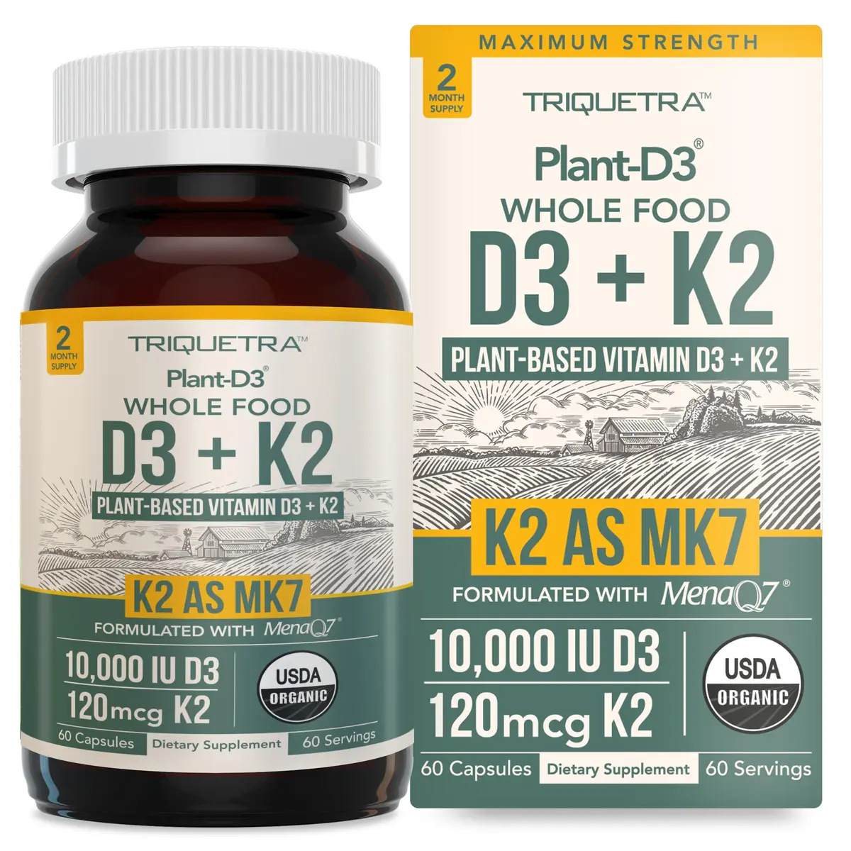Triquetra Health Organic Plant D3 + K2 | 10,000 IU D3 + 120 mcg K2 | Vegan, Organic, Vegan, 60 Count - main product image
