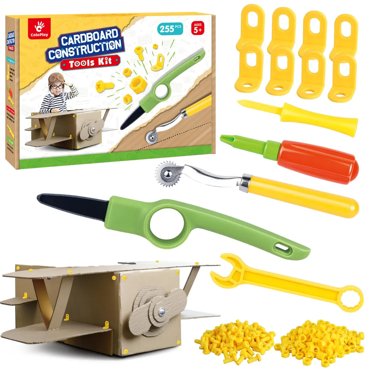 ColoPlay 355 Cardboard Tools for Kids, STEM Education Kit | Safe Cardboard Cutter, Screwdrivers, Nuts & Bolts Set (Yellow) - main product image