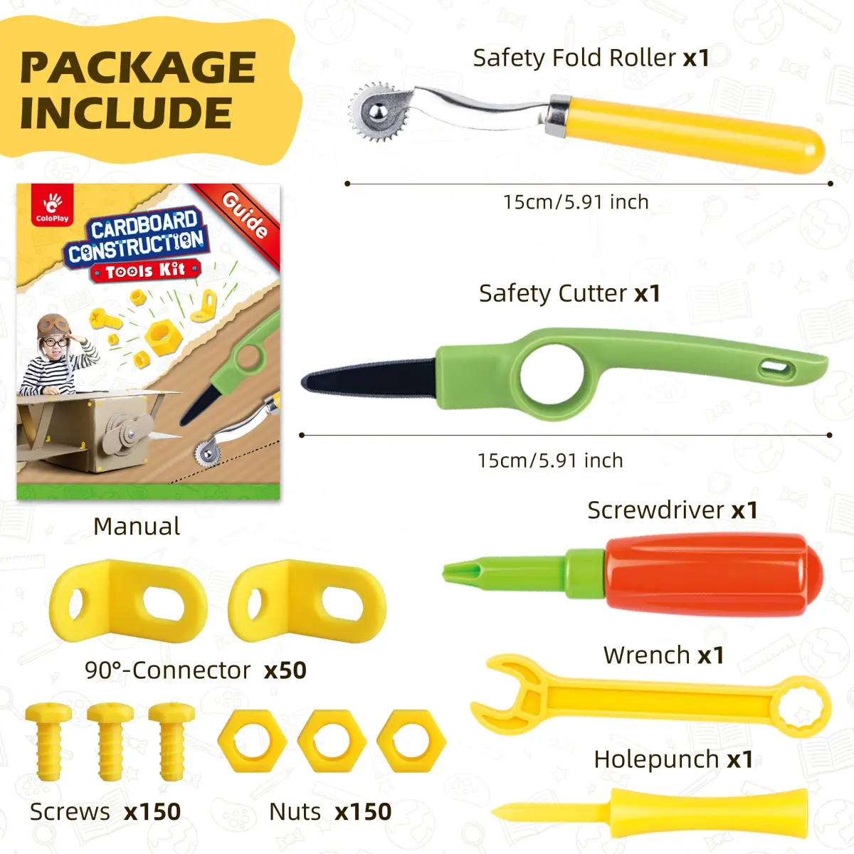 ColoPlay 355 Cardboard Tools for Kids, STEM Education Kit | Safe Cardboard Cutter, Screwdrivers, Nuts & Bolts Set (Yellow) - view 2