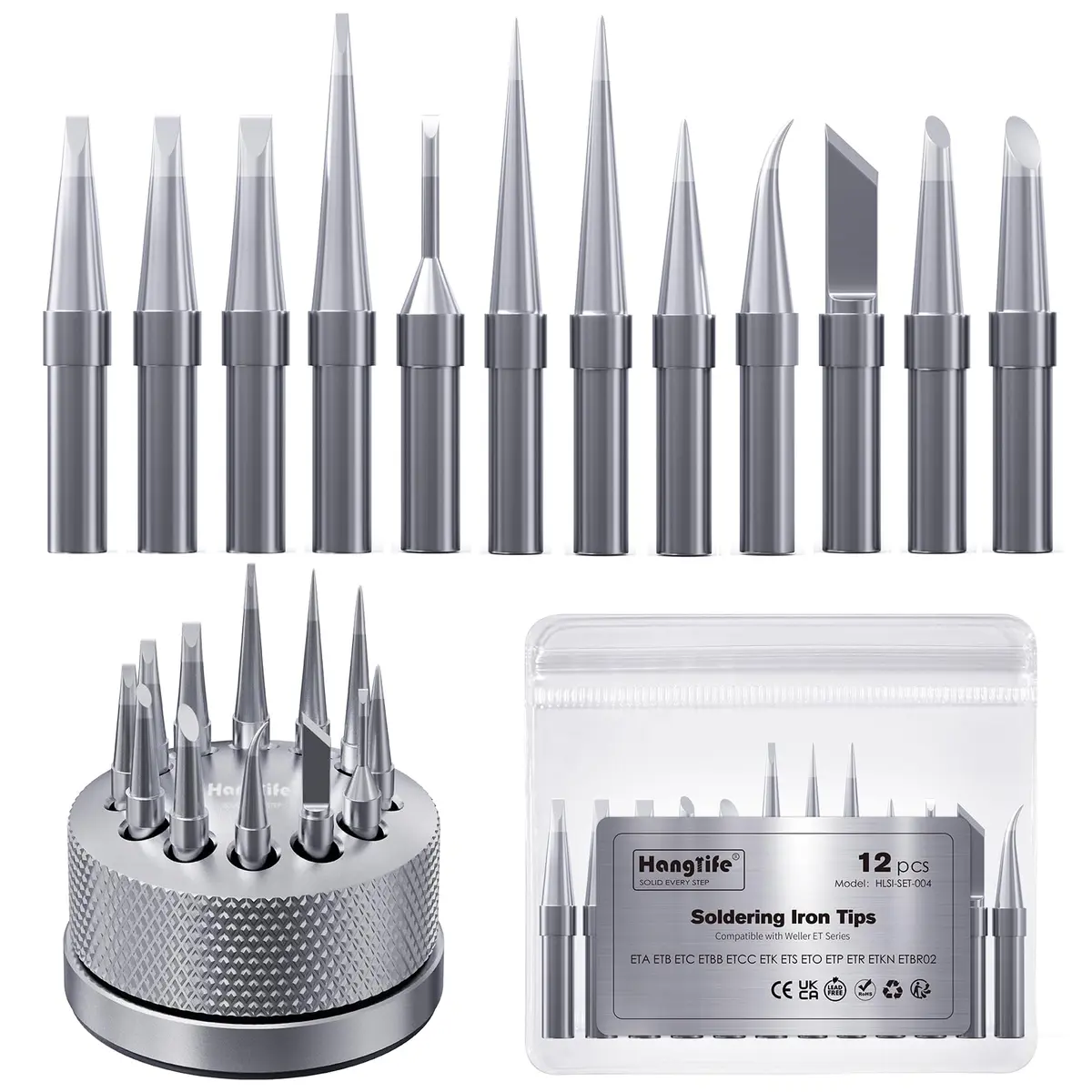 HANGLIFE ET Soldering Iron Tips 12-Piece Set with Holder | Precision Replacement Solder Tips for Weller Stations - main product image