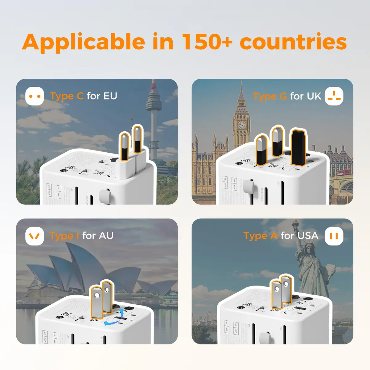 TESSAN Universal Travel Adapter Worldwide with 2 USB-C, 2 USB-A, 2 AC Outlets, 6-in-1 Plug Adapter for Over 150 Countries - view 2