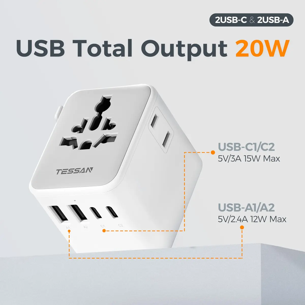 TESSAN Universal Travel Adapter Worldwide with 2 USB-C, 2 USB-A, 2 AC Outlets, 6-in-1 Plug Adapter for Over 150 Countries - view 3