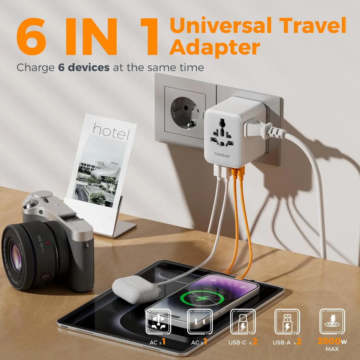TESSAN Universal Travel Adapter Worldwide with 2 USB-C, 2 USB-A, 2 AC Outlets, 6-in-1 Plug Adapter for Over 150 Countries - view 4