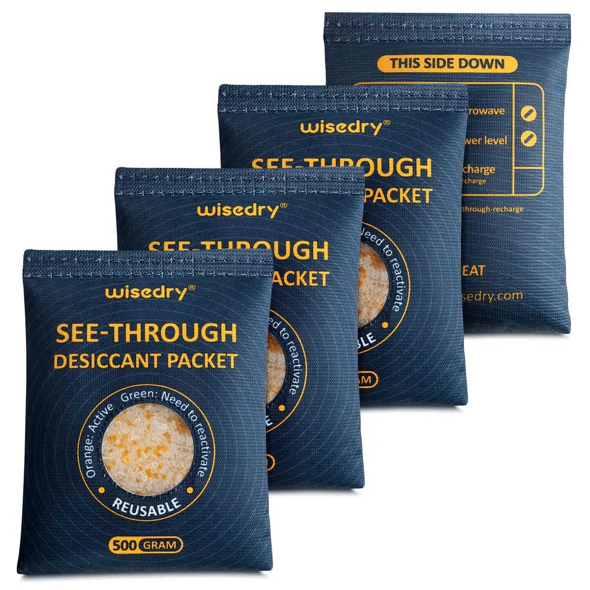 wisedry 4 x 500g See-Through Silica Gel Packets | Reusable Safe Dehumidifier with Color Indicator - main product image