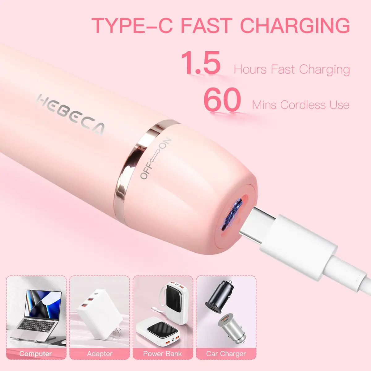 HEBECA 3in1 Electric Facial Hair Trimmer Waterproof Pink | Painless Nose & Eyebrow Grooming (70-120 chars) - view 6