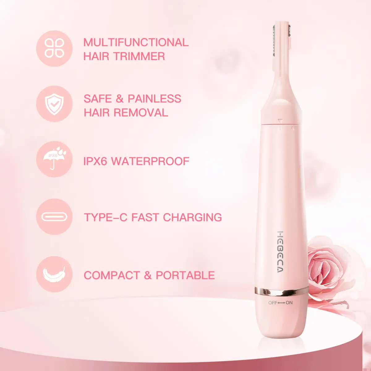 HEBECA 3in1 Electric Facial Hair Trimmer Waterproof Pink | Painless Nose & Eyebrow Grooming (70-120 chars) - view 2