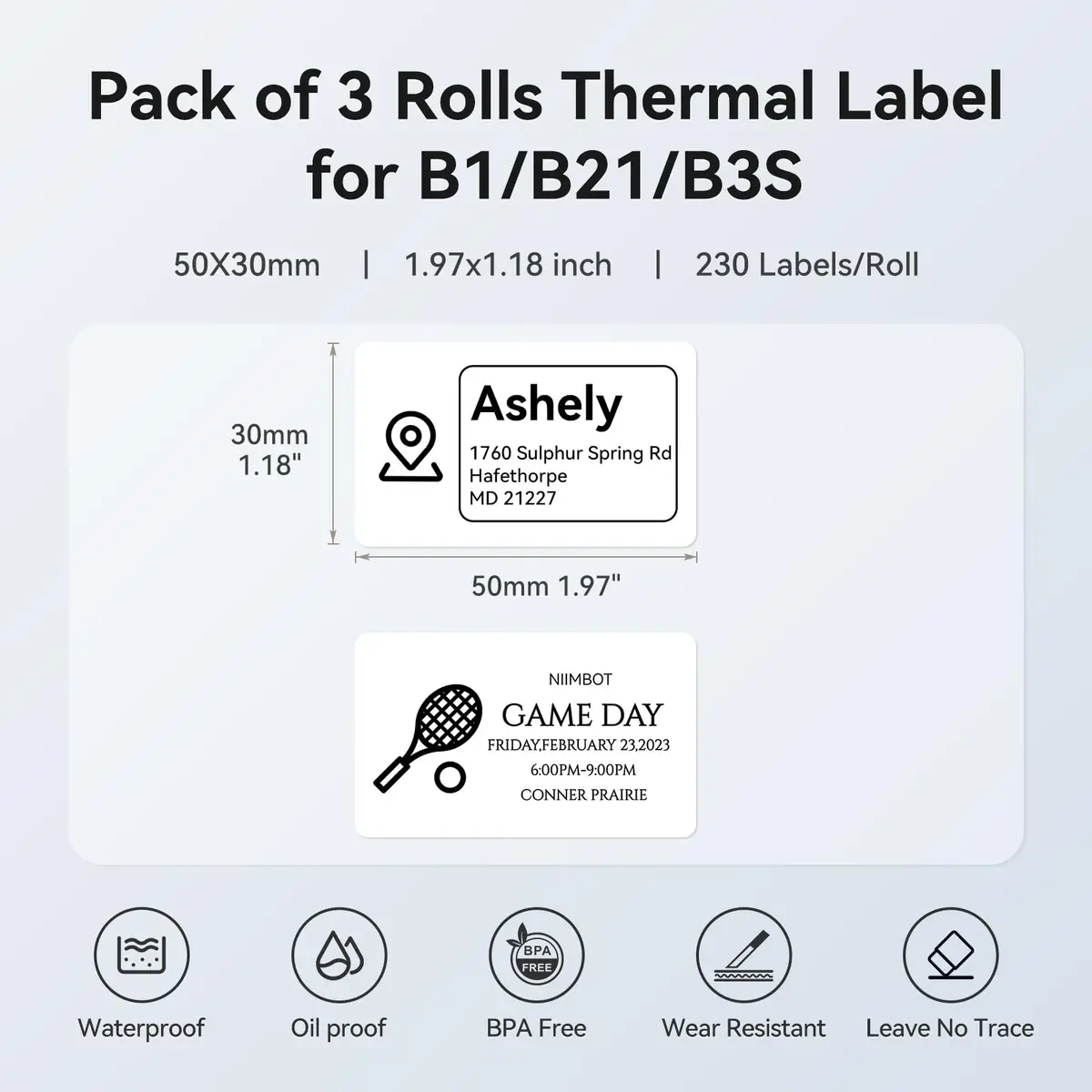 NIIMBOT 3 Rolls Waterproof Thermal Label Tape 50x30mm (1.97"x1.18") | Black on White Labels for B1/B21/B3S Printers - view 5