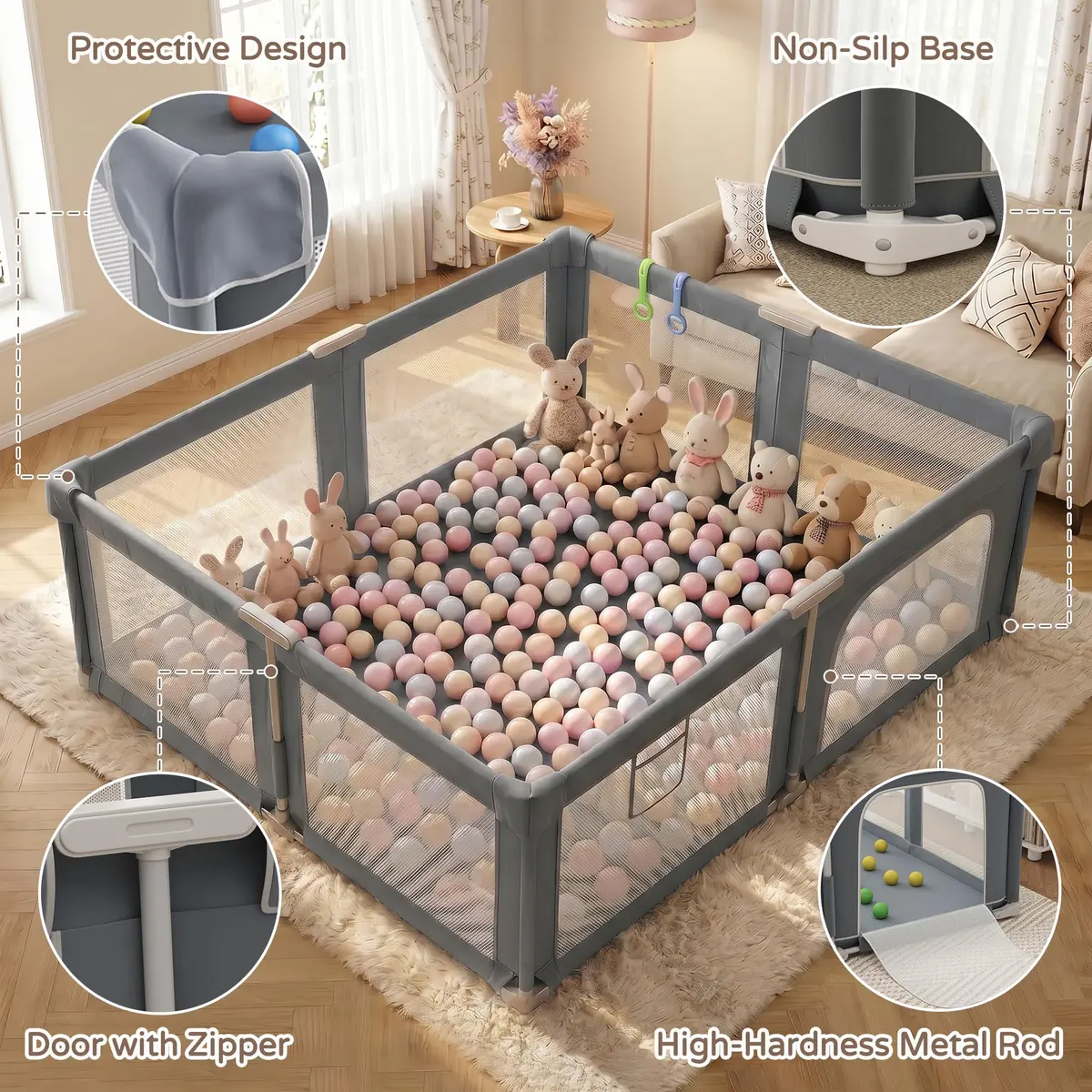 Seeday Baby Playpen with Mat 73" x 61" | Large, Safe & Breathable Mesh for Indoor & Outdoor Use - view 4