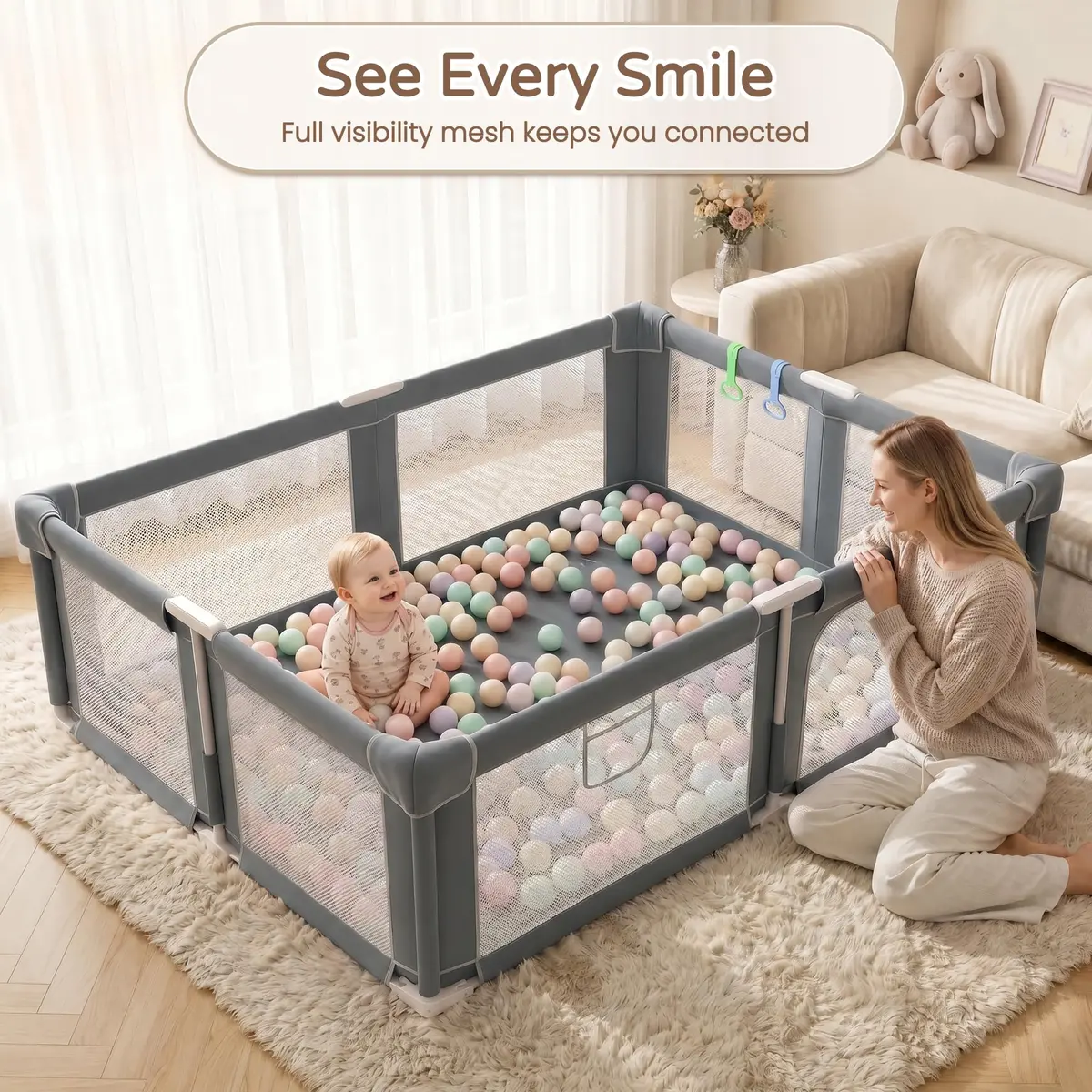 Seeday Baby Playpen with Mat 73" x 61" | Large, Safe & Breathable Mesh for Indoor & Outdoor Use - view 6