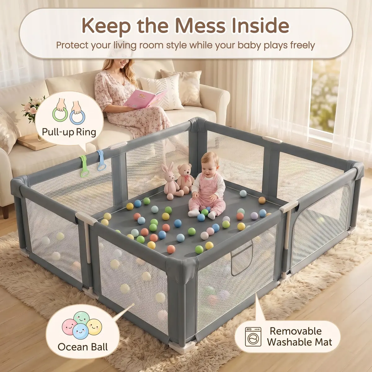 Seeday Baby Playpen with Mat 73" x 61" | Large, Safe & Breathable Mesh for Indoor & Outdoor Use - view 2