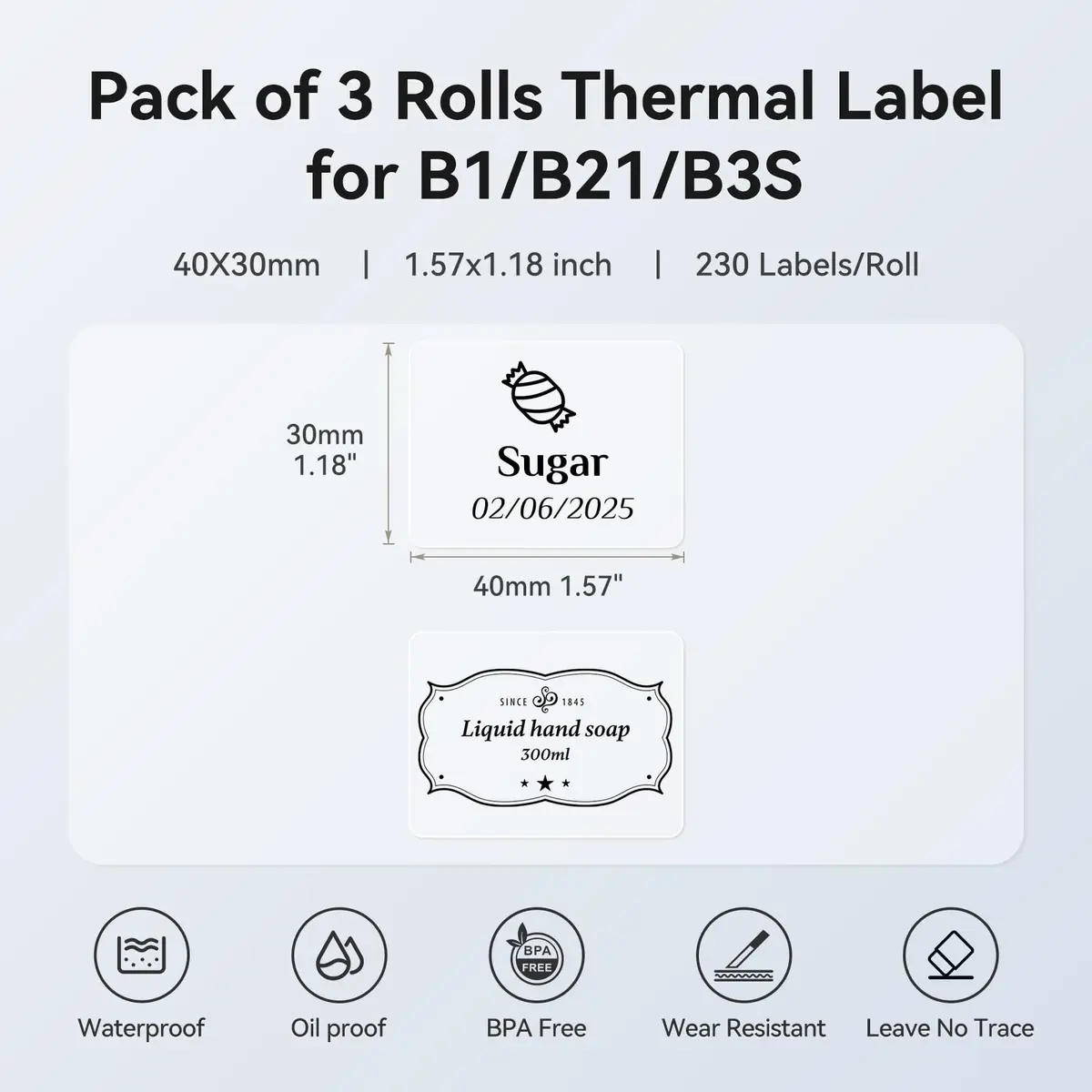 NIIMBOT 3 Rolls Clear Label Tape 40x30mm (1.57"x1.18") | Waterproof Thermal Labels for B1/B21/B3S Printers - view 4