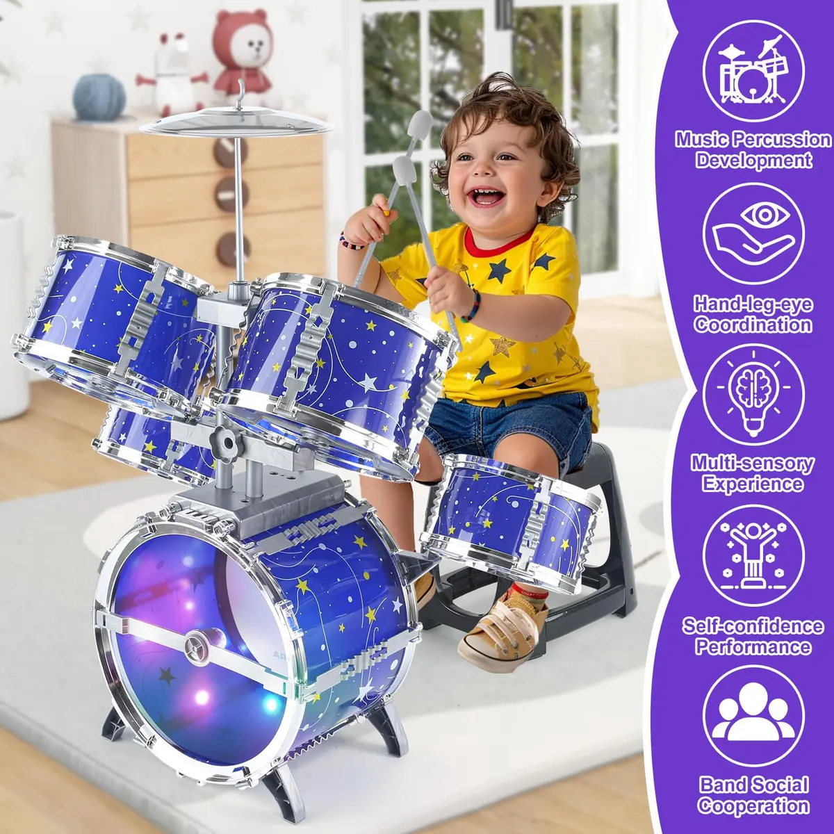 LinseyFun Kids Drum Set for Toddlers 3-5 | Light-up Jazz Percussion Toy - view 5
