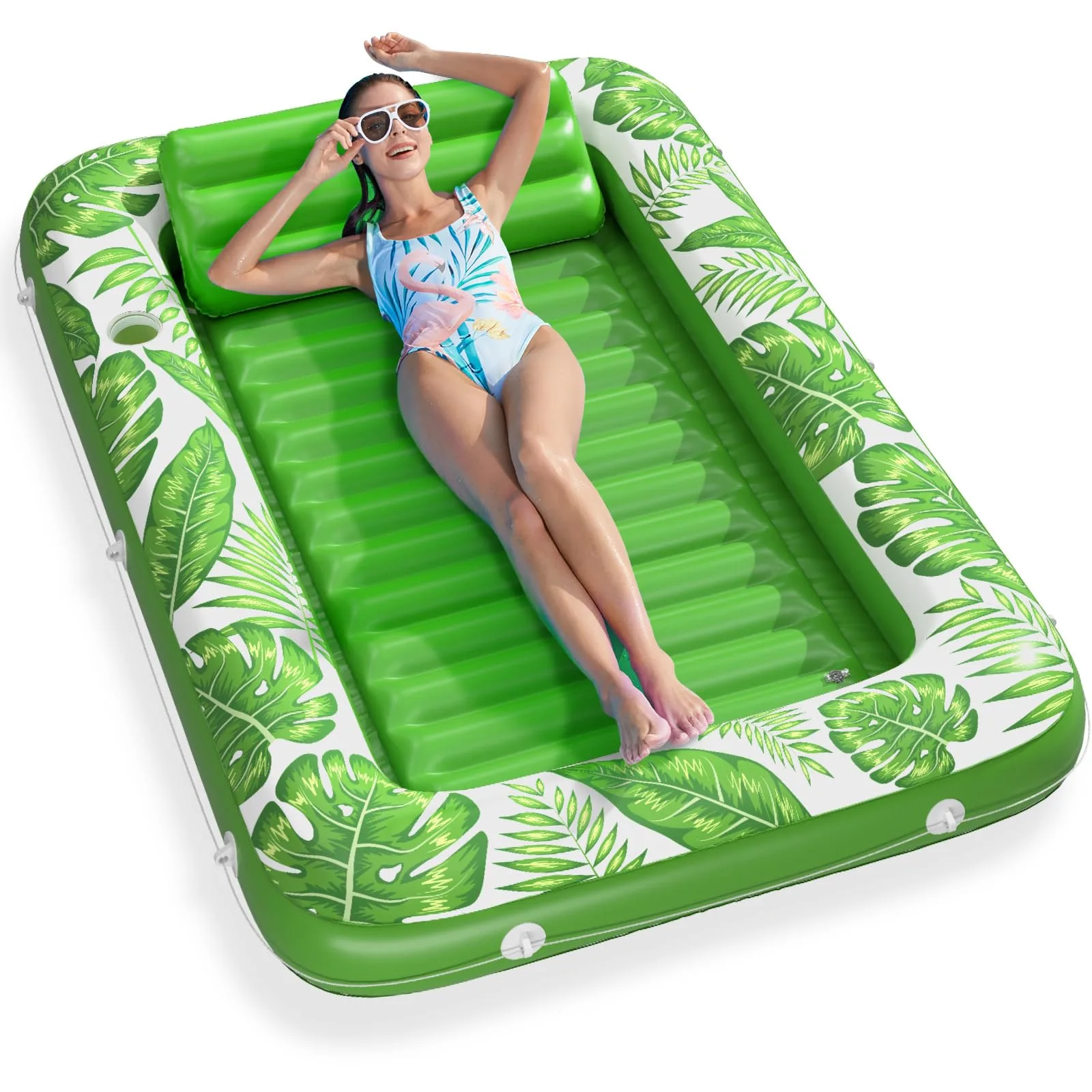 Jasonwell Inflatable Tanning Pool Lounger Float with Pillow & Cup Holders, 71" x 48" Green | Relax and Tan on Water - main product image