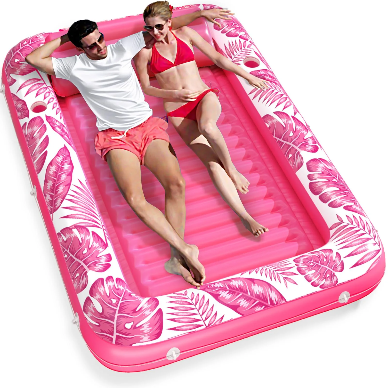 Jasonwell Inflatable Tanning Pool Lounger Float - 4 in 1 Sun Tan Tub with Pillow & Cup Holders, Rose Pink (89" x 67") | Relax and Tan in Comfort - main product image