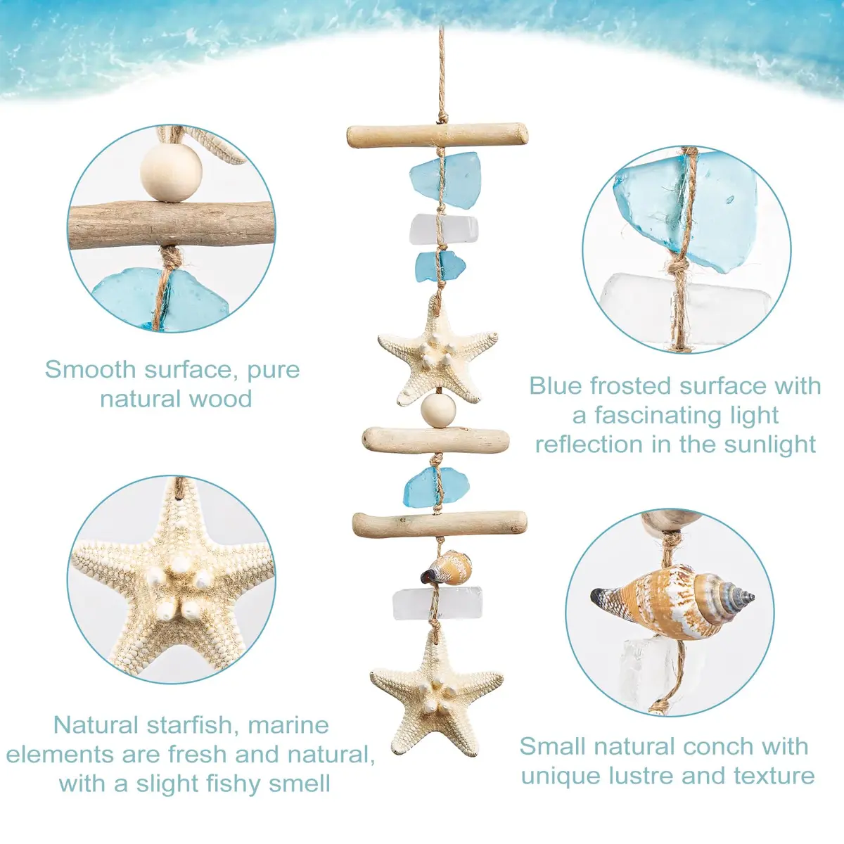 JQAQJU Sea Glass Wooden Nautical Wall Decor 49.8cm (19.6in) | Coastal Starfish Bathroom Art for Indian Homes - view 2